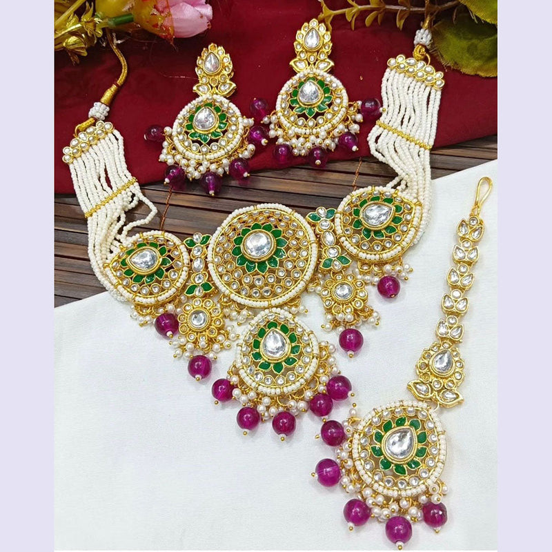 Sai Fashion Gold Plated Kundan Stone Beads And Pearls Meenakari Necklace Set