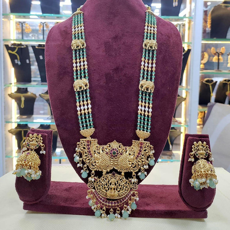 Sai Fashion Gold Plated  Pota Stone And Beads Temple Long Necklace Set