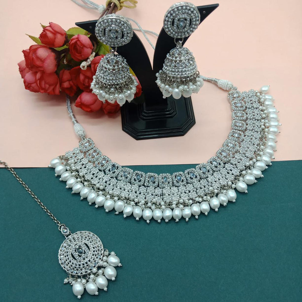 Sai Fashion Silver Plated Kundan Stone And Beads Necklace Set
