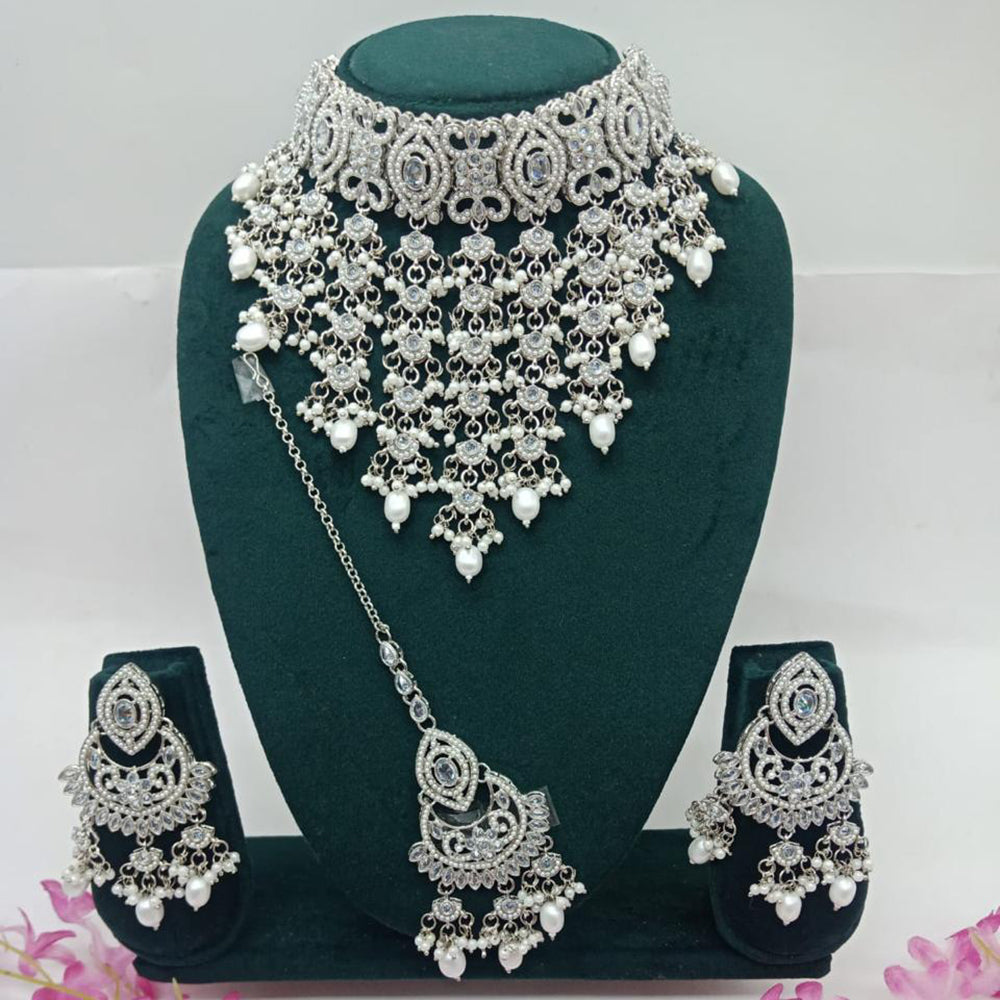 Sai Fashion Silver Plated Kundan Stone And Beads Necklace Set