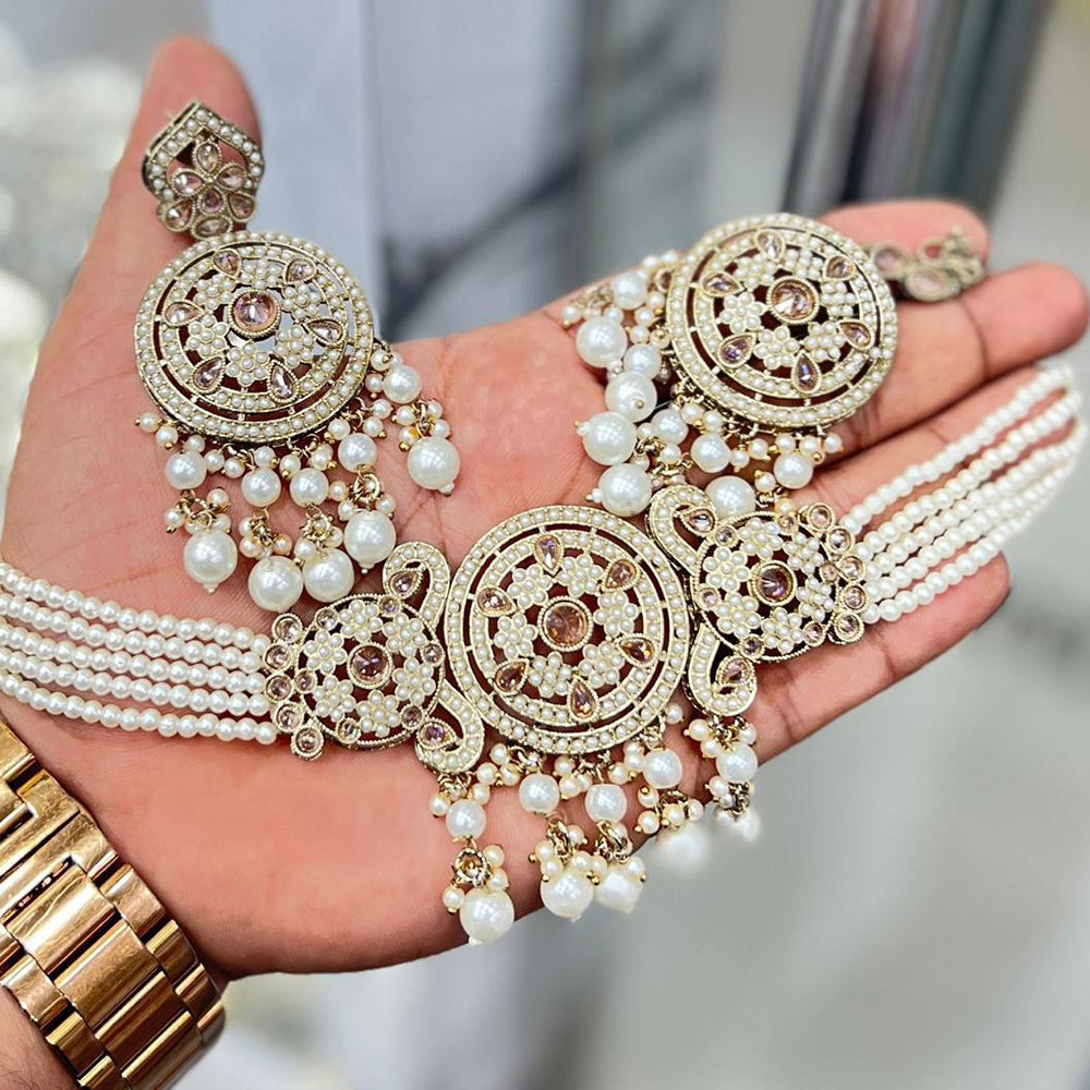 Sai Fashion  Gold Plated Crystal And Pearl Choker Necklace Set