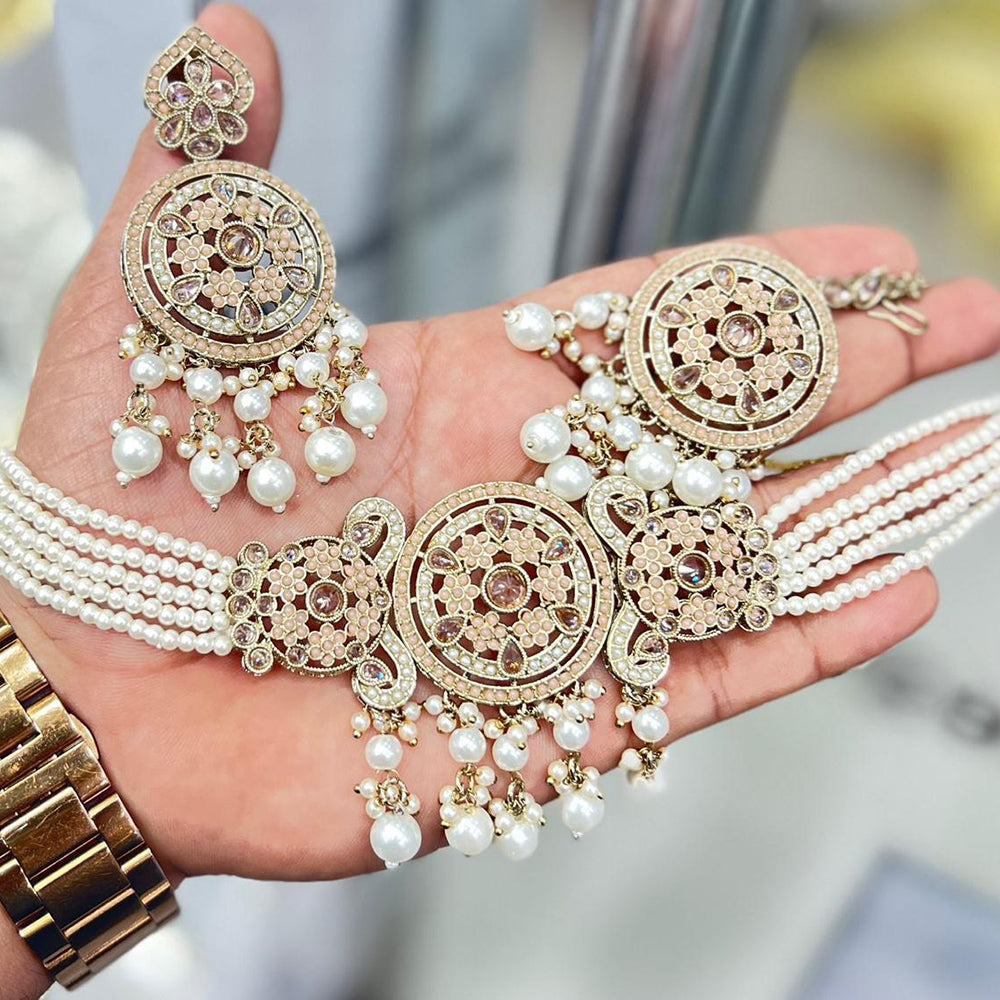 Sai Fashion  Gold Plated Crystal And Pearl Choker Necklace Set