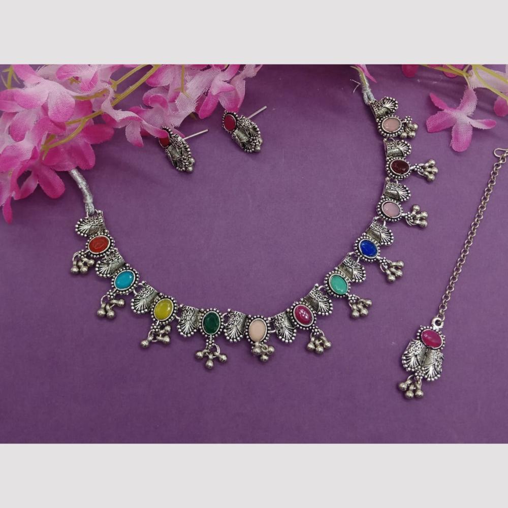Sai Fashion Oxidized Plated Pota Stone Necklace Set
