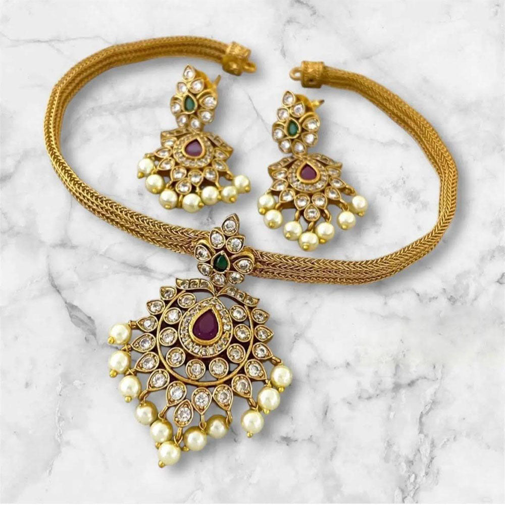 Sai Fashion Gold Plated Austrian Stone And Pearl Choker Necklace Set