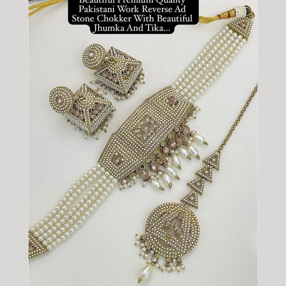 Sai Fashion  Gold Plated Crystal And Pearl Choker Necklace Set