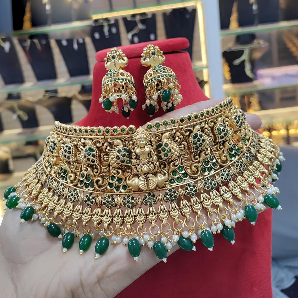 Sai Fashion Gold Plated Pota Stone And Beads Temple Choker Necklace Set