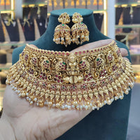Sai Fashion Gold Plated Pota Stone And Beads Temple Choker Necklace Set