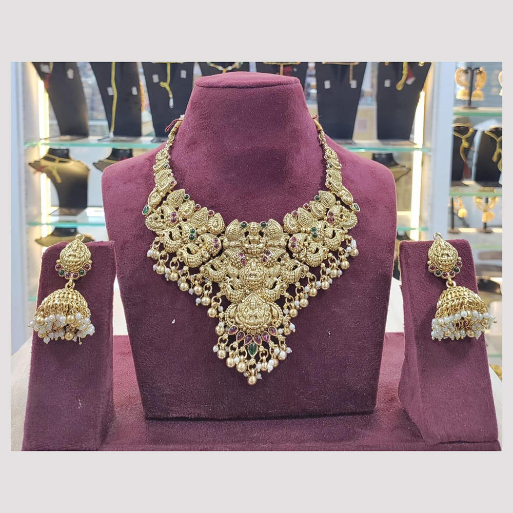 Sai Fashion Pota Stone Traditional Green & Pink Festival Jewelry Temple Necklace Set