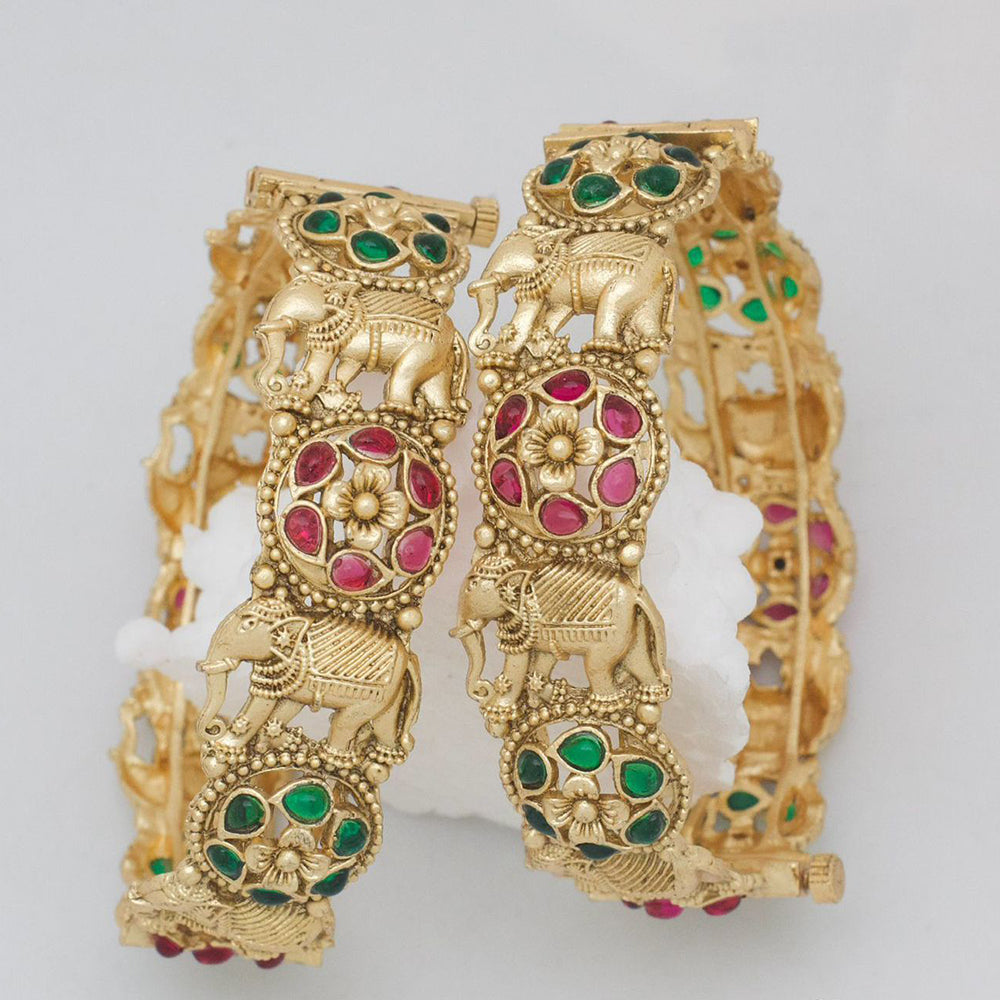 Sai Fashion Antique Elephant Design Pota Stones Openable Bangles Set