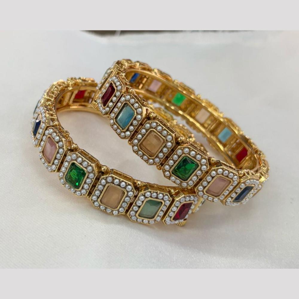 Sai Fashion Elegant Gold Plated Crystal Stone And Pearls Bangles Set