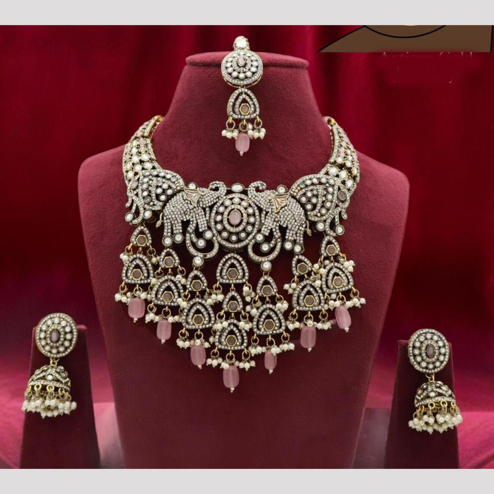 Sai Fashion Elephant Design Pota Pearls And Austrian Stone Necklace Set