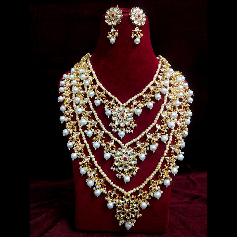 Shagna Gold Plated Kundan And Pearl Multi Layer Necklace Set