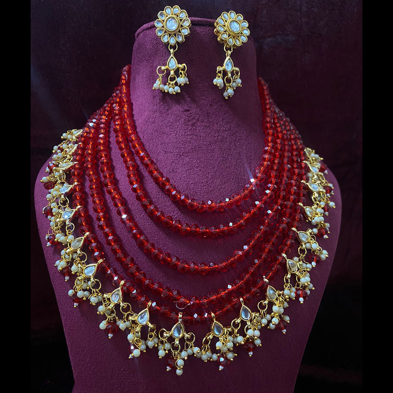 Shagna Gold Plated Crystal Stone Pearl And Beads Multi Layer Necklace Set