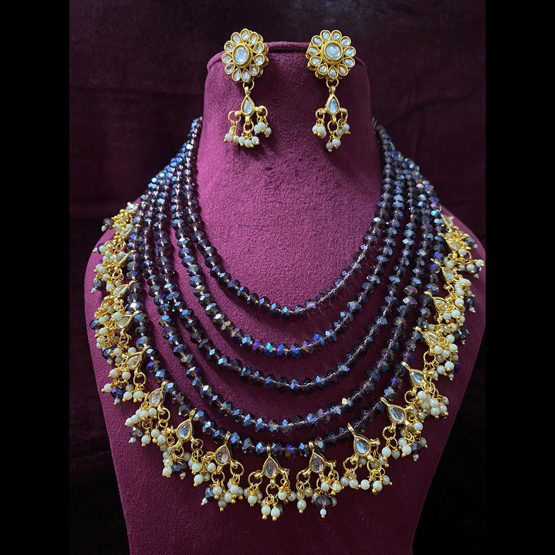 Shagna Gold Plated Crystal Stone Pearl And Beads Multi Layer Necklace Set