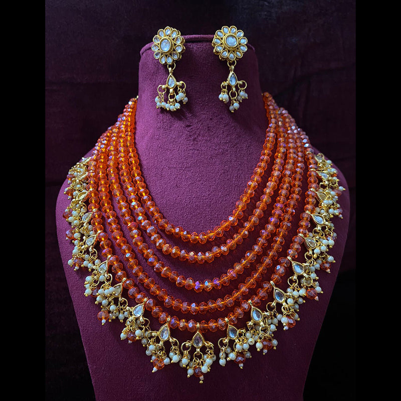 Shagna Gold Plated Crystal Stone Pearl And Beads Multi Layer Necklace Set