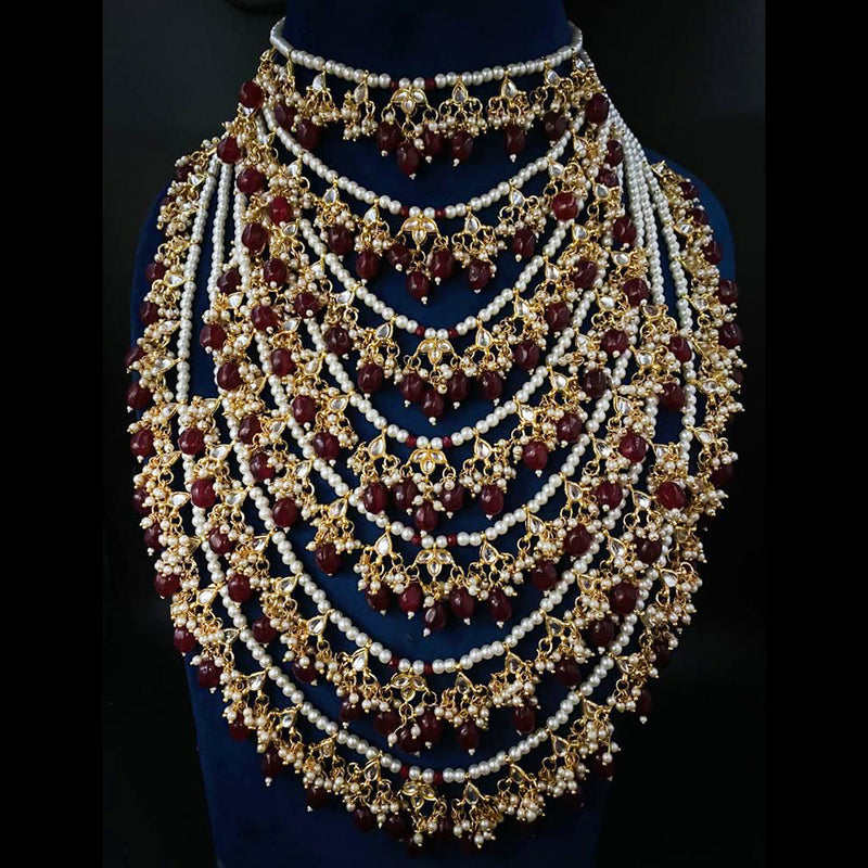 Shagna Gold Plated Kundan Pearl And Beads Multi Layer Necklace Set