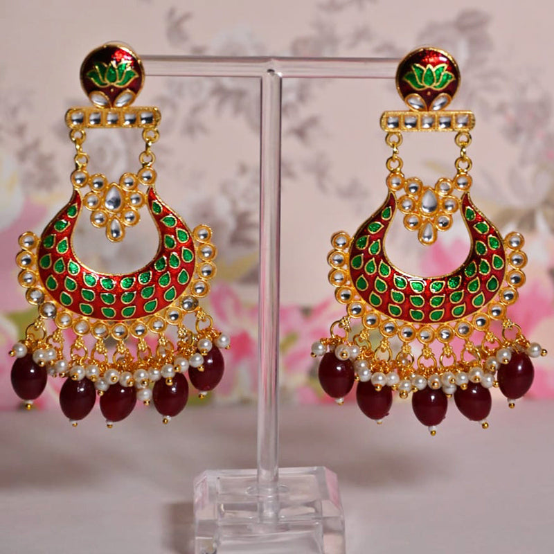 Shagna Gold Plated Kundan Pearl And Meenakari Dangler Earrings