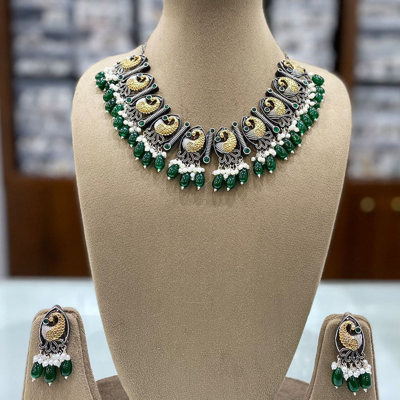 Shagna Oxidised Plated Pota Stone And Beads Necklace Set