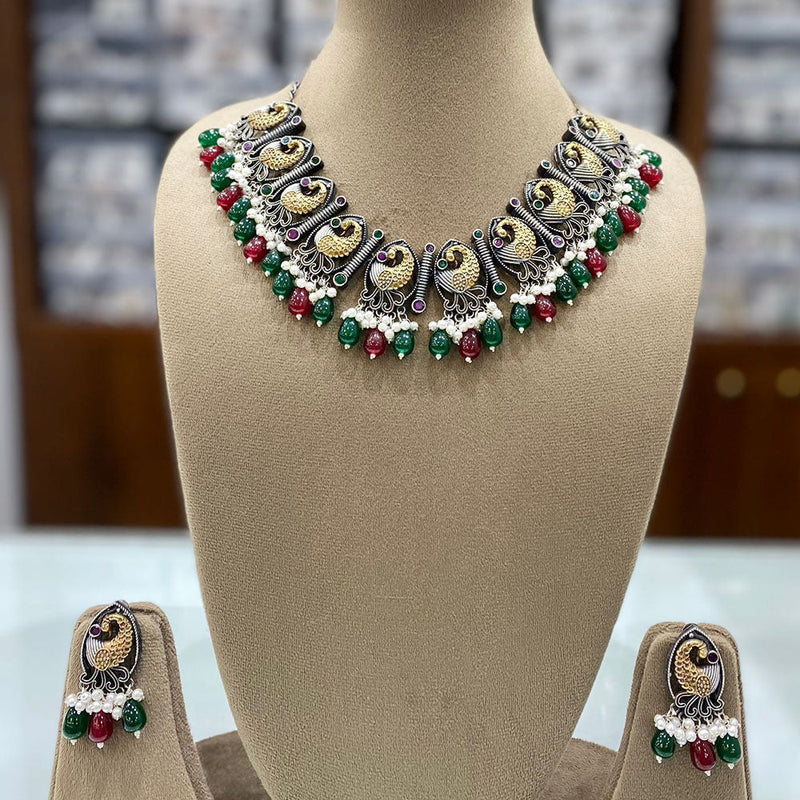 Shagna Oxidised Plated Pota Stone And Beads Necklace Set