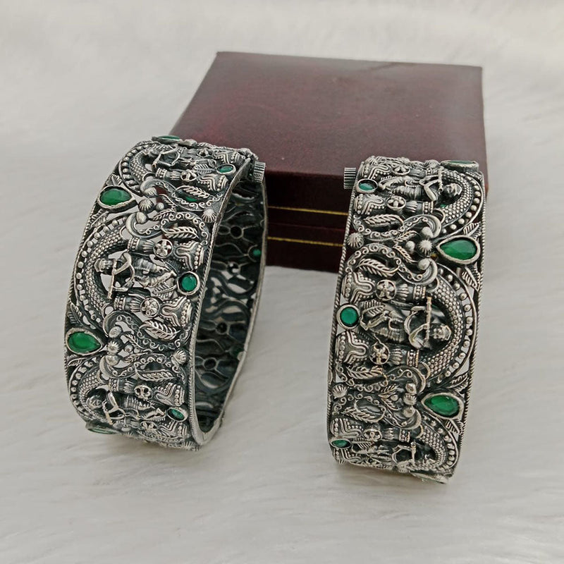 Shagna Oxidised Plated Pota Stone Openable Bangles Set