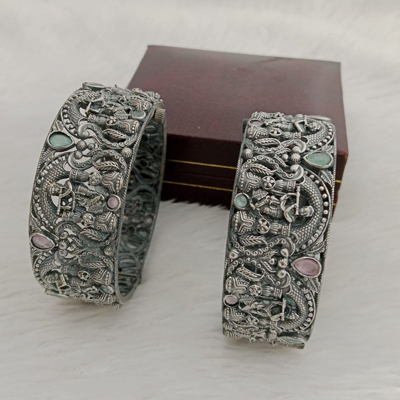 Shagna Oxidised Plated Pota Stone Openable Bangles Set