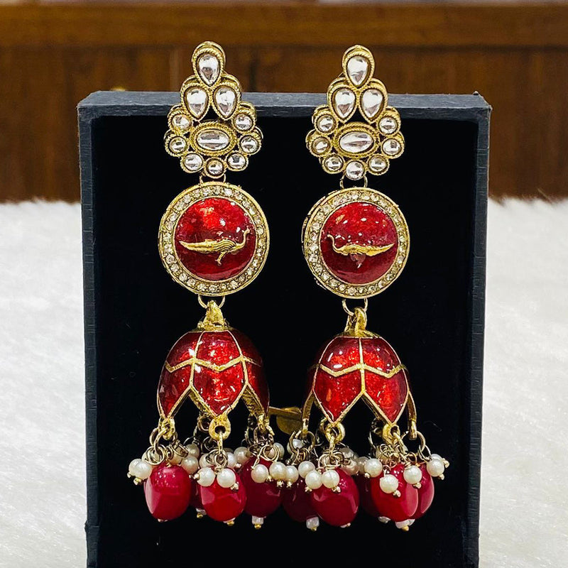 Shagna Gold Plated Kundan Stone And Beads Jhumki Earrings