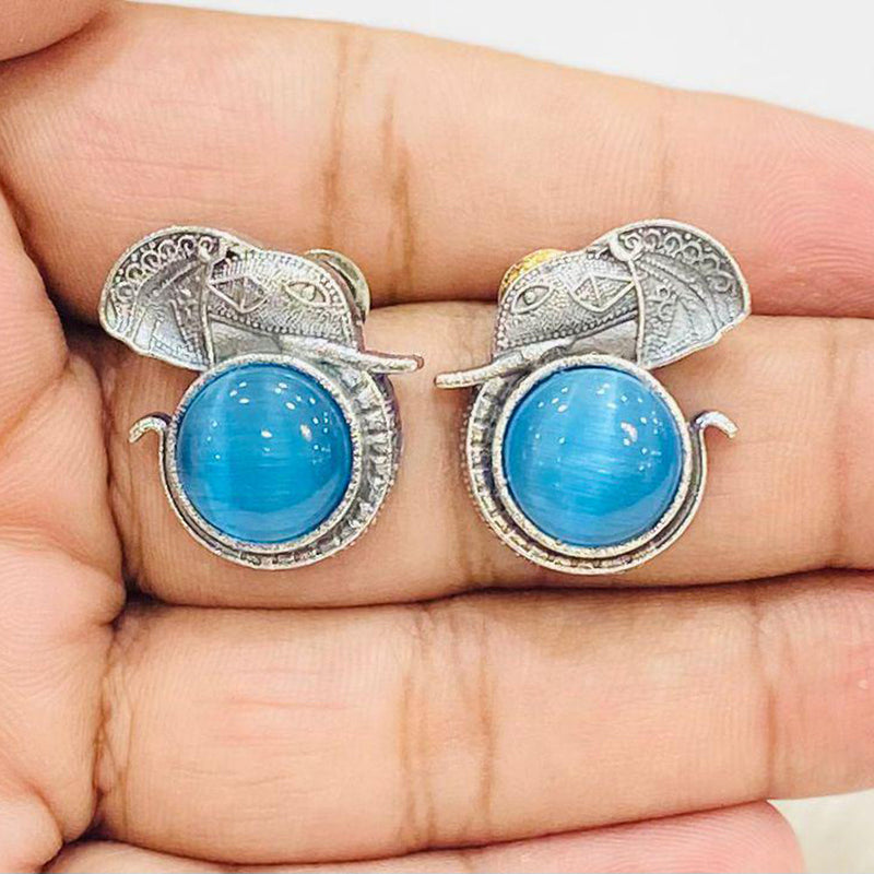 Shagna Silver Plated Monalisa Stone Elephant Design Stud Earrings