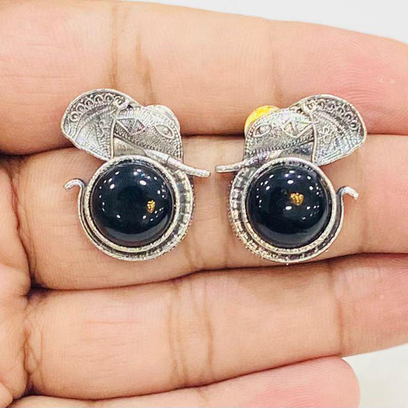 Shagna Silver Plated Monalisa Stone Elephant Design Stud Earrings