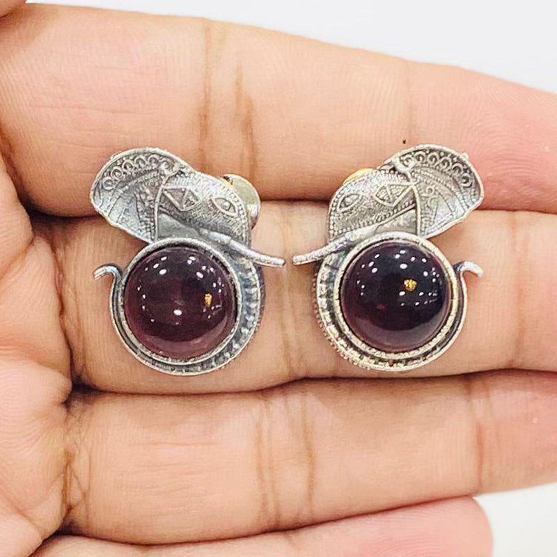 Shagna Silver Plated Monalisa Stone Elephant Design Stud Earrings