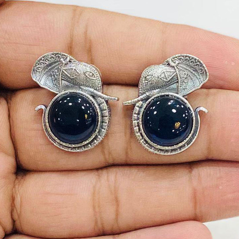 Shagna Silver Plated Monalisa Stone Elephant Design Stud Earrings