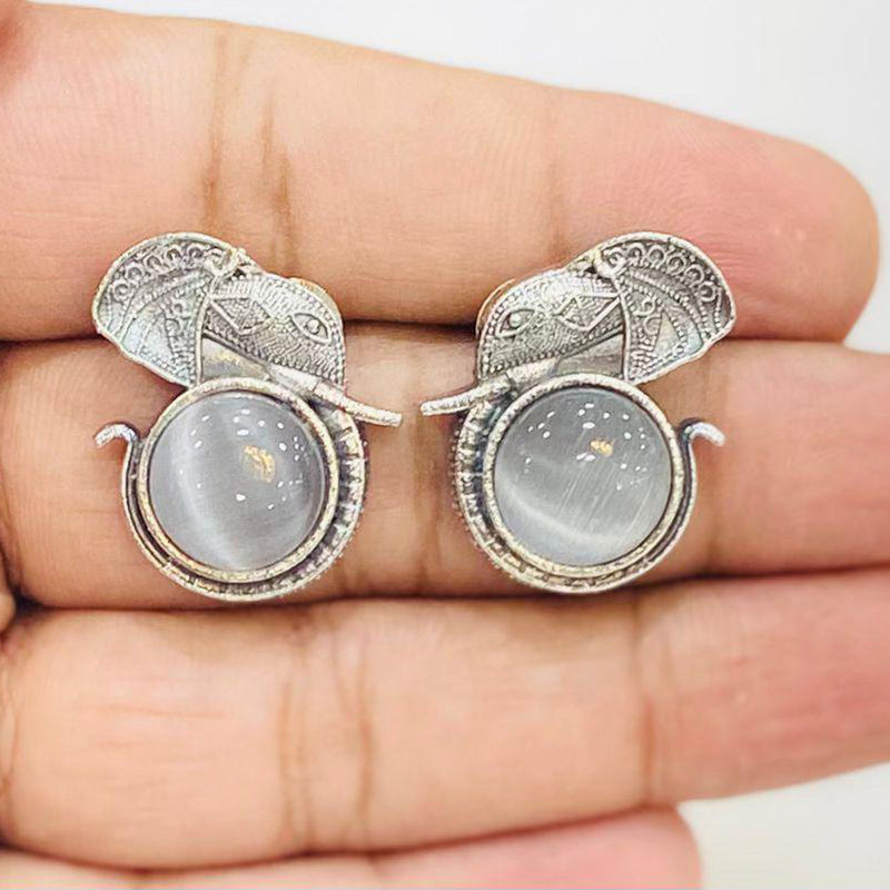 Shagna Silver Plated Monalisa Stone Elephant Design Stud Earrings