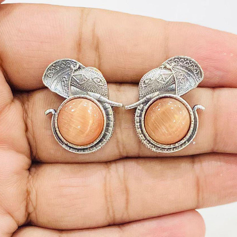 Shagna Silver Plated Monalisa Stone Elephant Design Stud Earrings