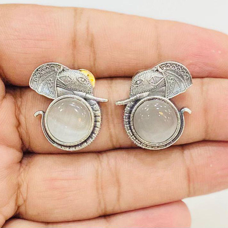 Shagna Silver Plated Monalisa Stone Elephant Design Stud Earrings