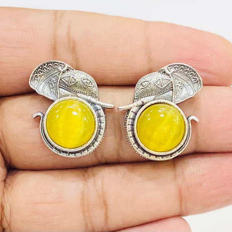 Shagna Silver Plated Monalisa Stone Elephant Design Stud Earrings