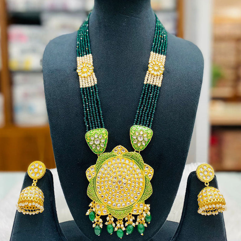 Shagna Gold Plated Kundan Stone And Beads Long Necklace Set