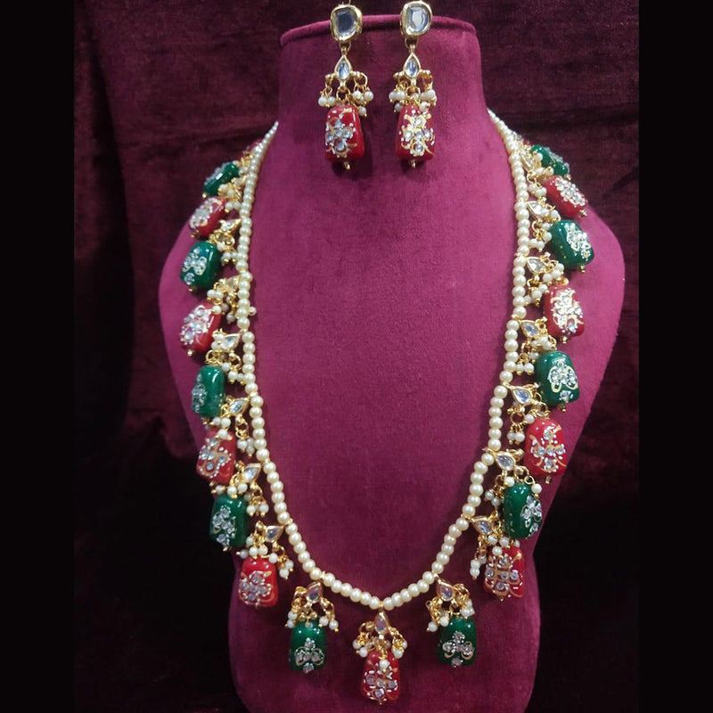 Shagna Gold Plated Pearl And Beads Long Necklace Set