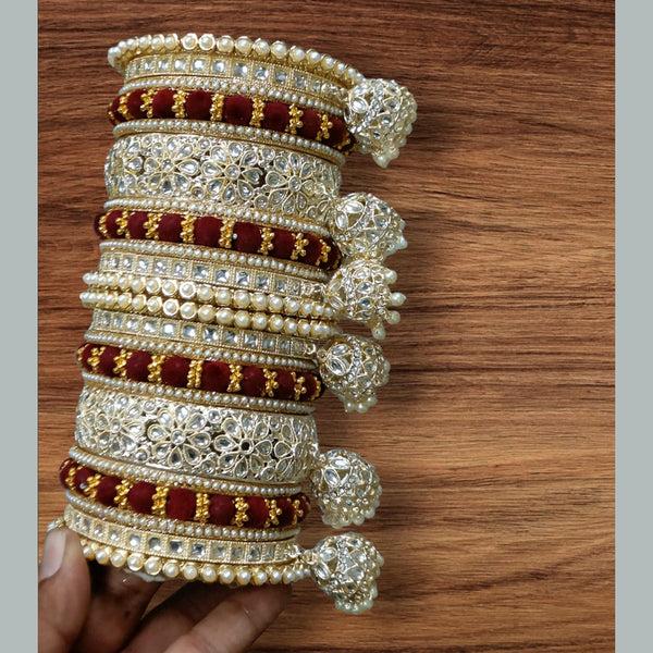 Shagna Gold Plated Pearl And Kundan Stone Bangles Set