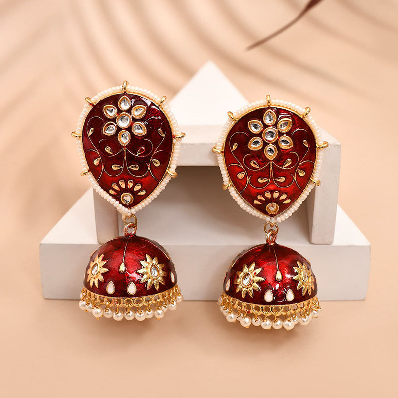 Shagna Gold Plated Kundan Stone And Meenakari Jhumki Earrings