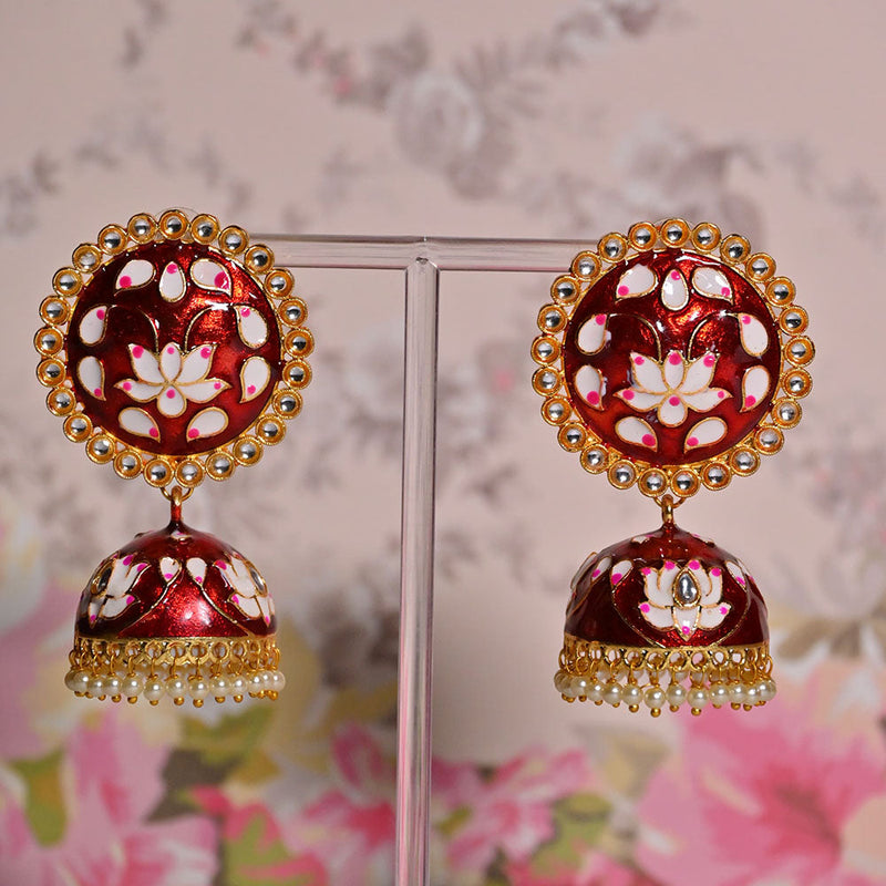 Shagna Gold Plated Kundan Stone And Meenakari Jhumki Earrings