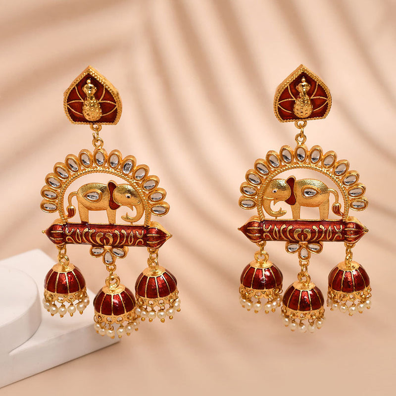 Shagna Gold Plated Kundan Stone And Meenakari Jhumki Earrings