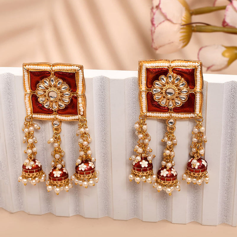 Shagna Gold Plated Kundan Stone And Meenakari Jhumki Earrings