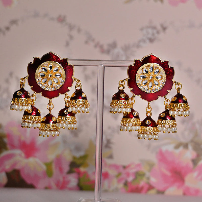 Shagna Gold Plated Kundan Stone And Meenakari Jhumki Earrings