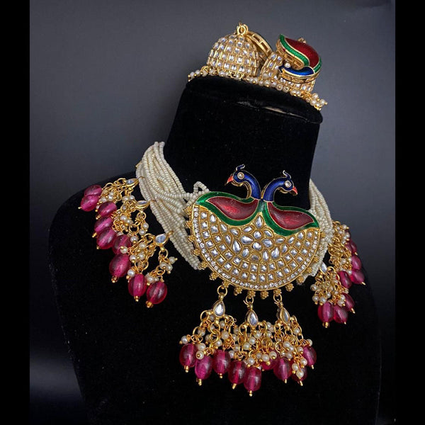 Shagna Gold Plated Kundan Stone And Pearls Choker Necklace Set