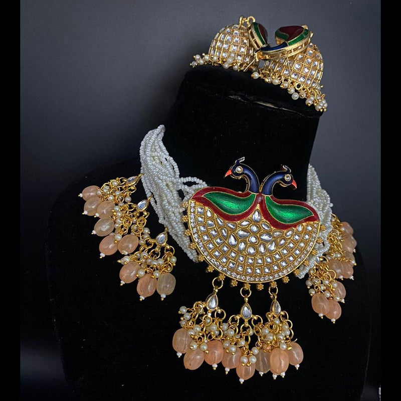 Shagna Gold Plated Kundan Stone And Pearls Choker Necklace Set