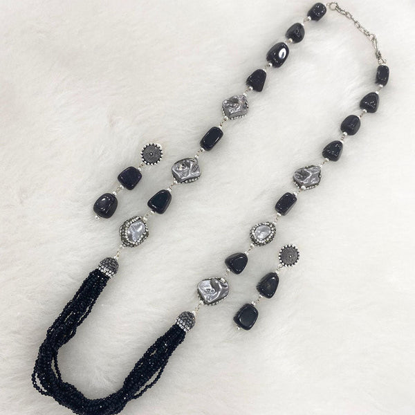 Shagna Oxidised Plated Austrian Stone And Pearls long Necklace Set