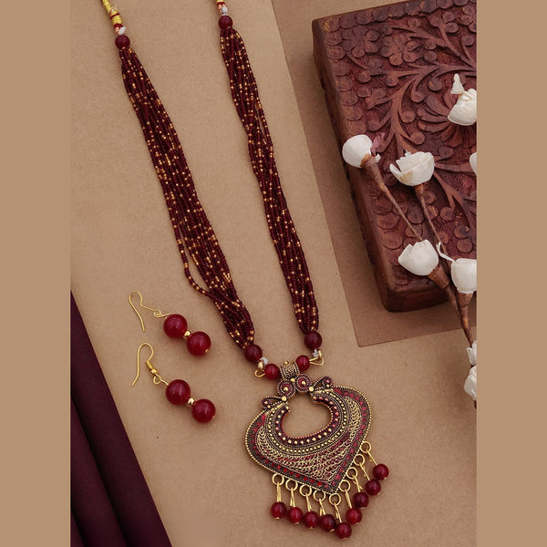 Shagna Gold Plated Pearl Meenakari Long Necklace Set