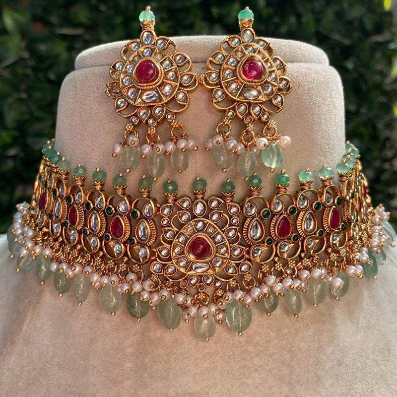 Shagna Gold Plated Kundan Stone Pearl And Beads Choker Necklace Set