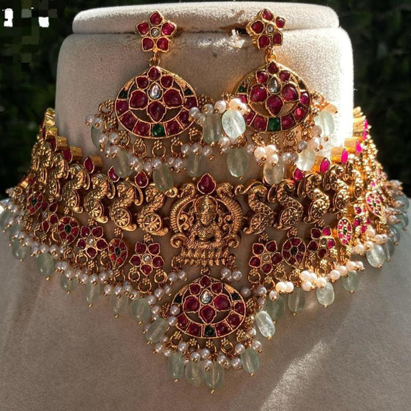 Shagna Gold Plated Kundan Stone Pearl And Beads Temple Choker Necklace Set