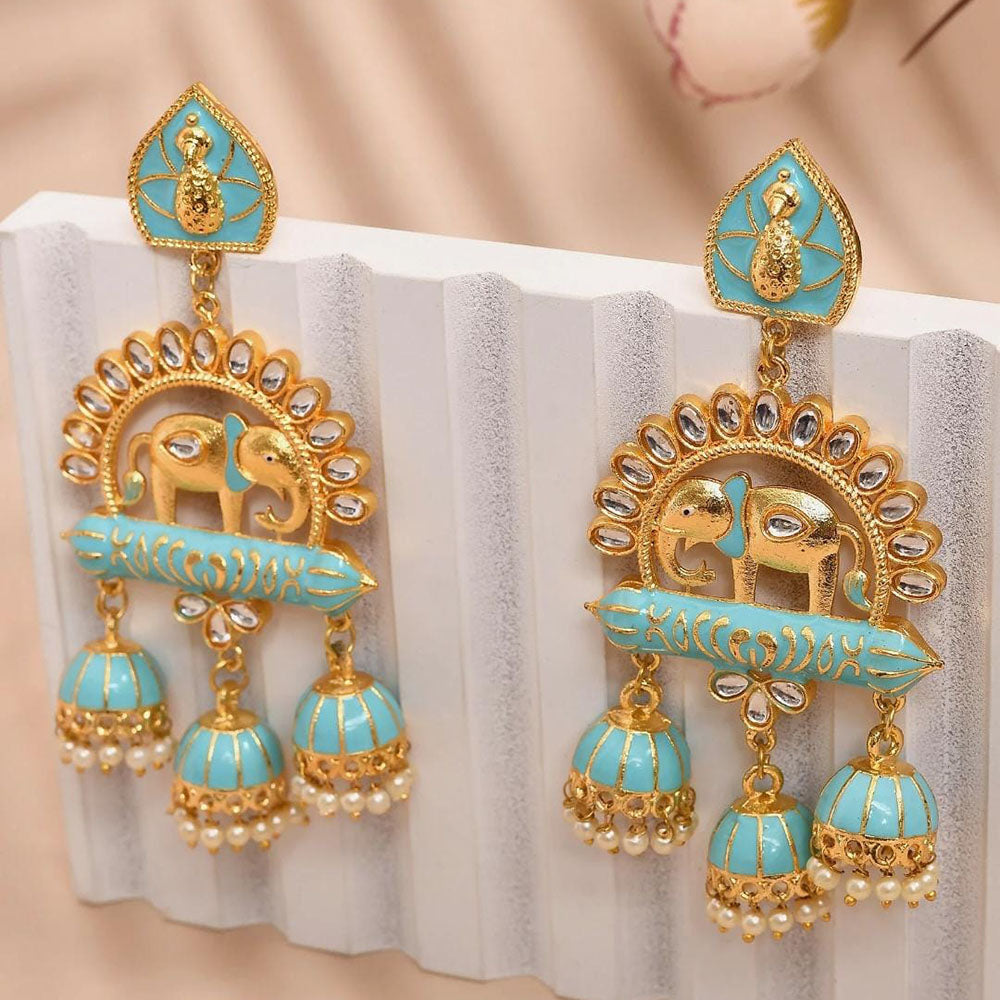 Shagna Graceful Kundan Stone And Beads Meenakari Jhumki Earrings