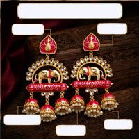 Shagna Graceful Kundan Stone And Beads Meenakari Jhumki Earrings